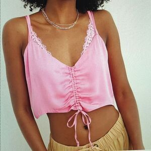 New! Aerie Satin Cinched Cropped Tank Top in Starlet Pink Size Large NWT